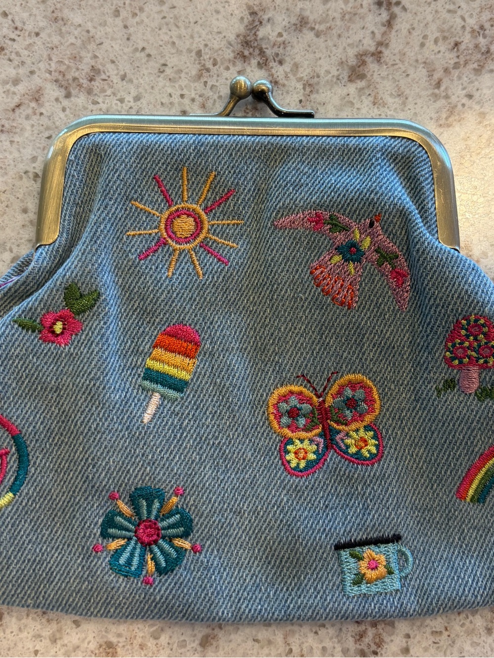 NATURAL LIFE Light Blue Denim Coin Purse with Colorful Embroidery
